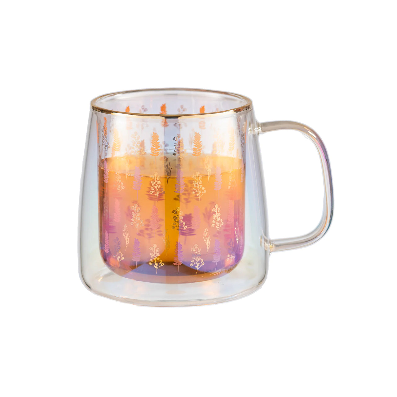 Taza Doble Vidrio Small Leaves & Flowers Iridiscent