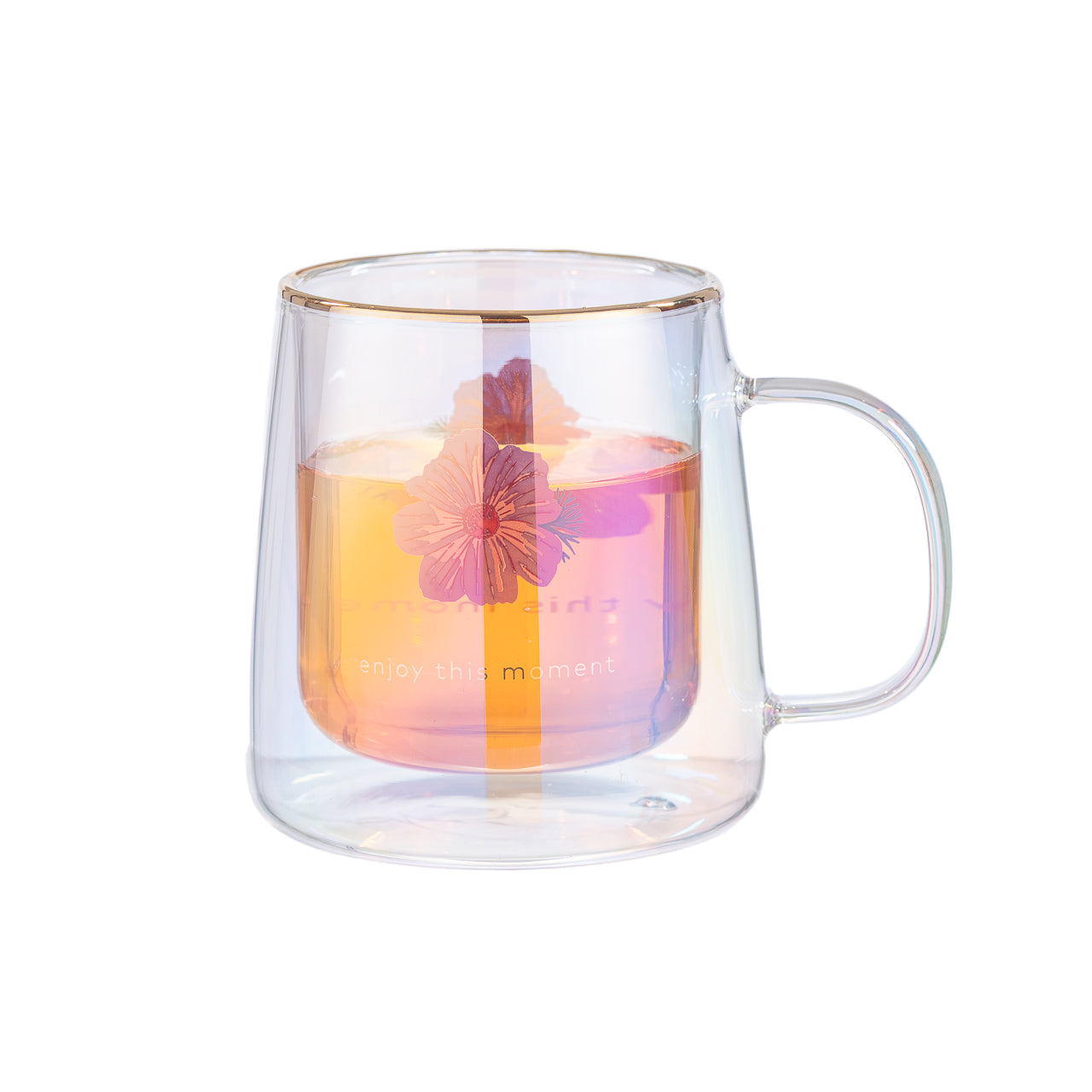 Taza Doble Vidrio Hibiscus Flower