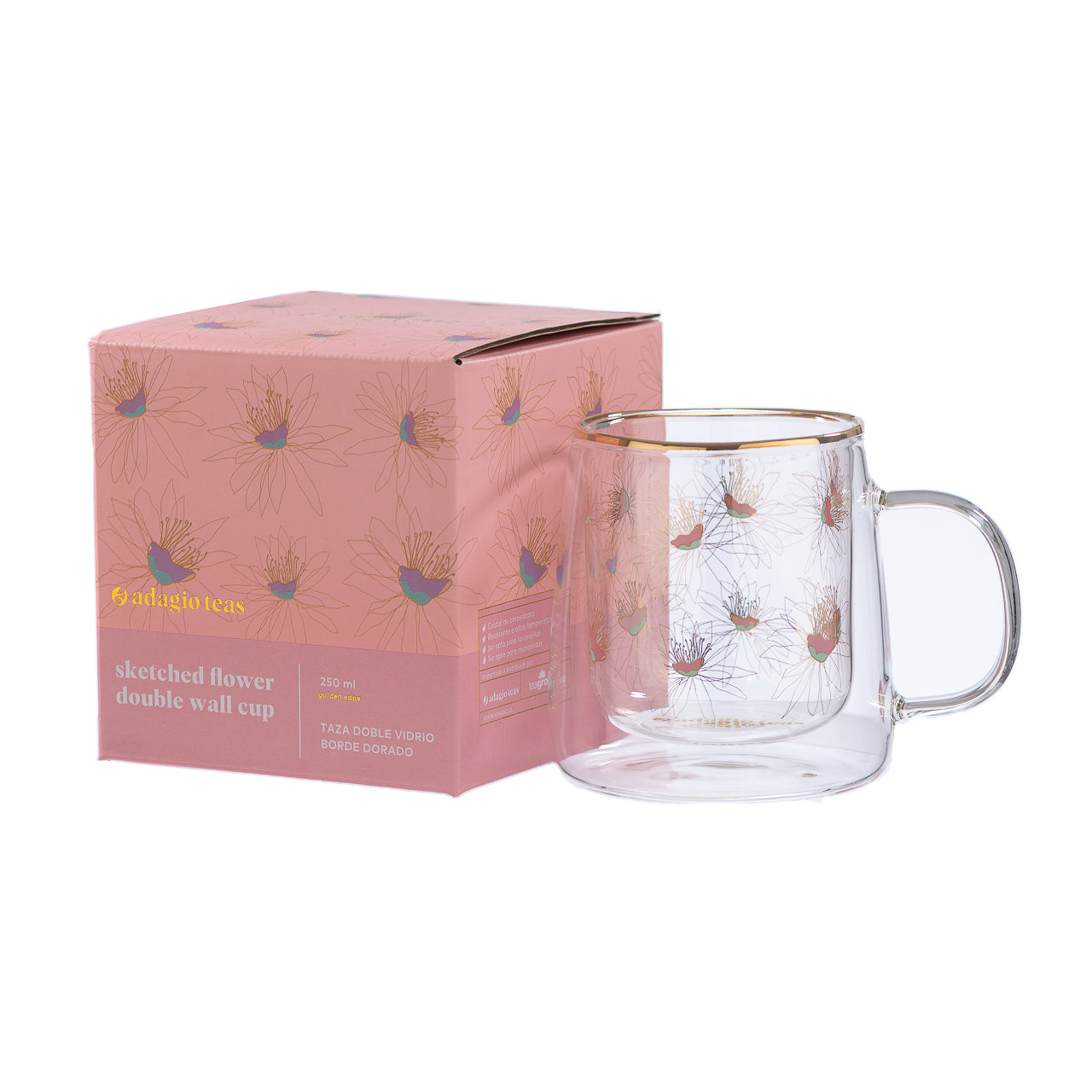 Taza Doble Vidrio Sketched Flowers Iridescent