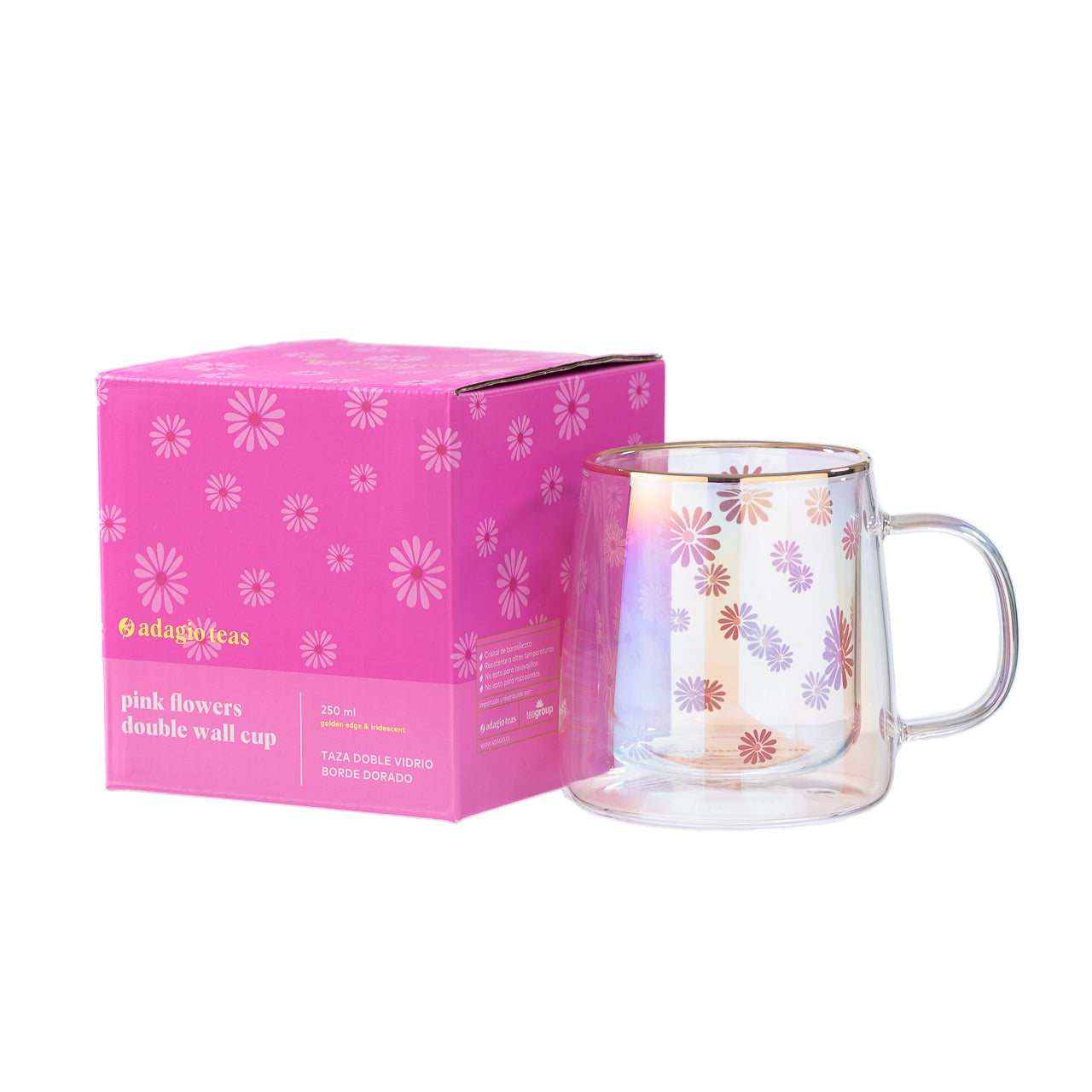 Taza Doble Vidrio Pink Flowers Iridescent