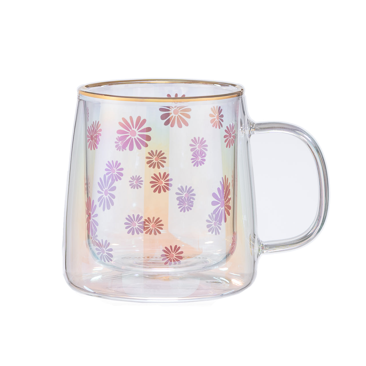 Taza Doble Vidrio Pink Flowers Iridescent