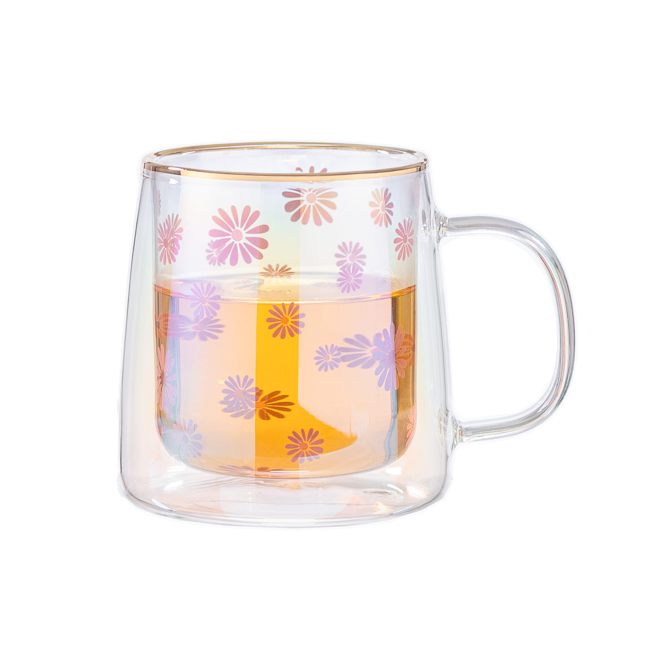 Taza Doble Vidrio Pink Flowers Iridescent