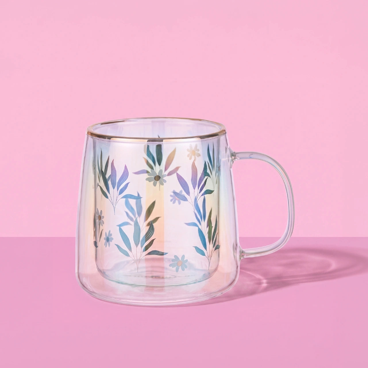 Taza Doble Vidrio Green Leaves and Daisies