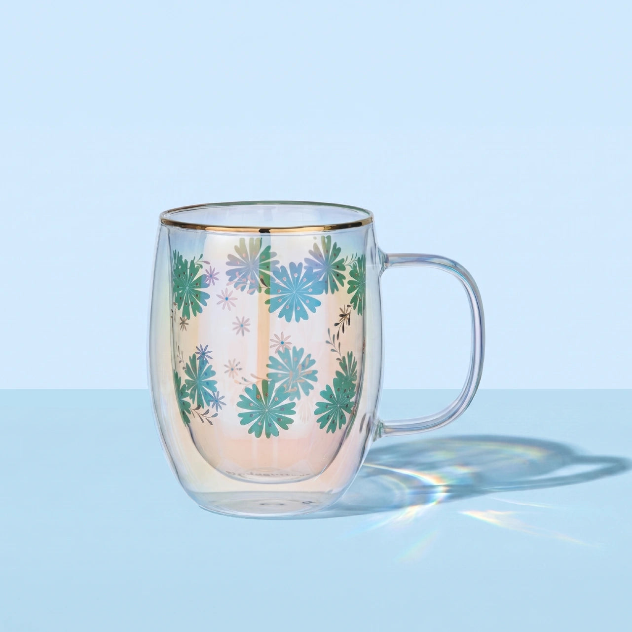 Taza Doble Vidrio Turquoise Flowers