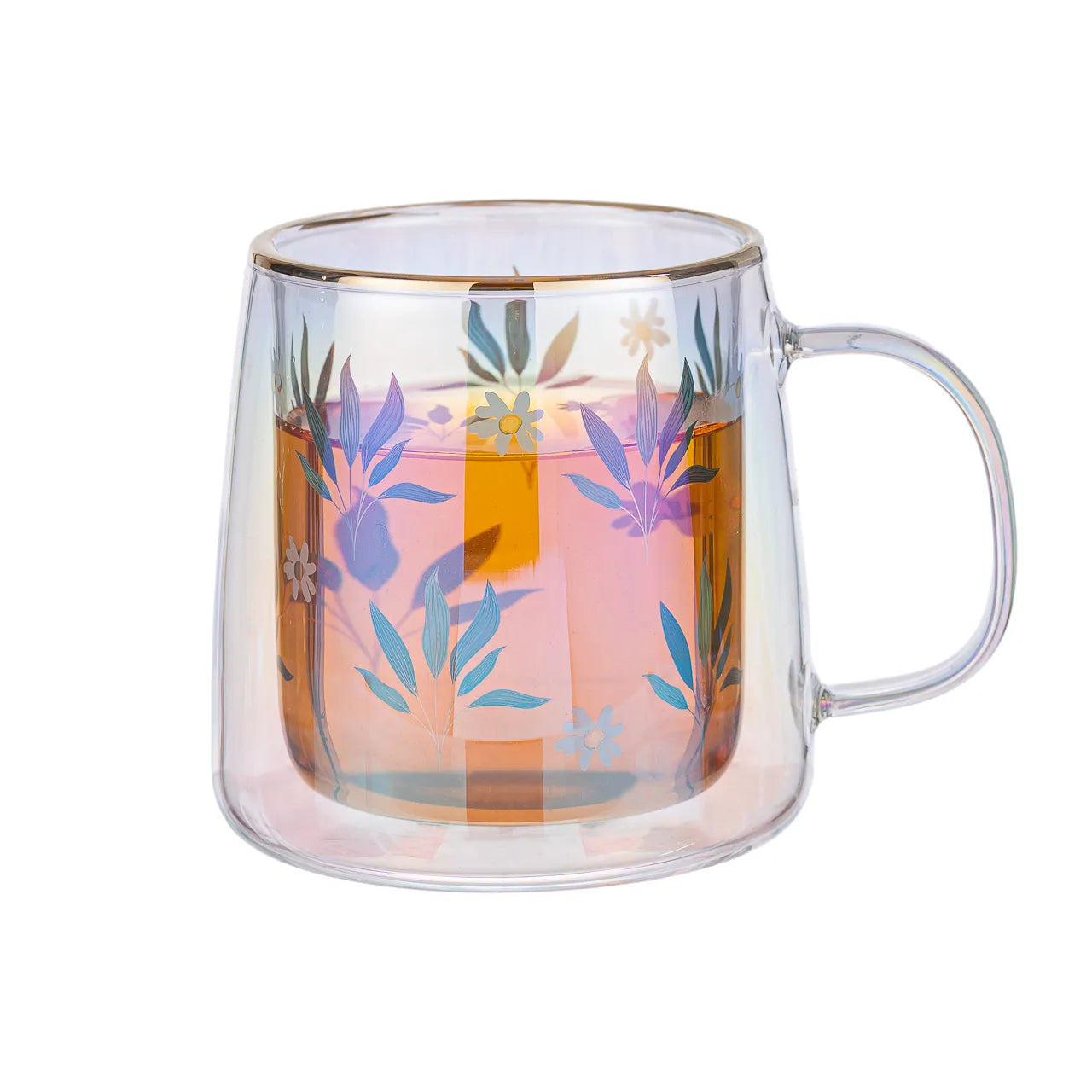 Taza Doble Vidrio Green Leaves and Daisies