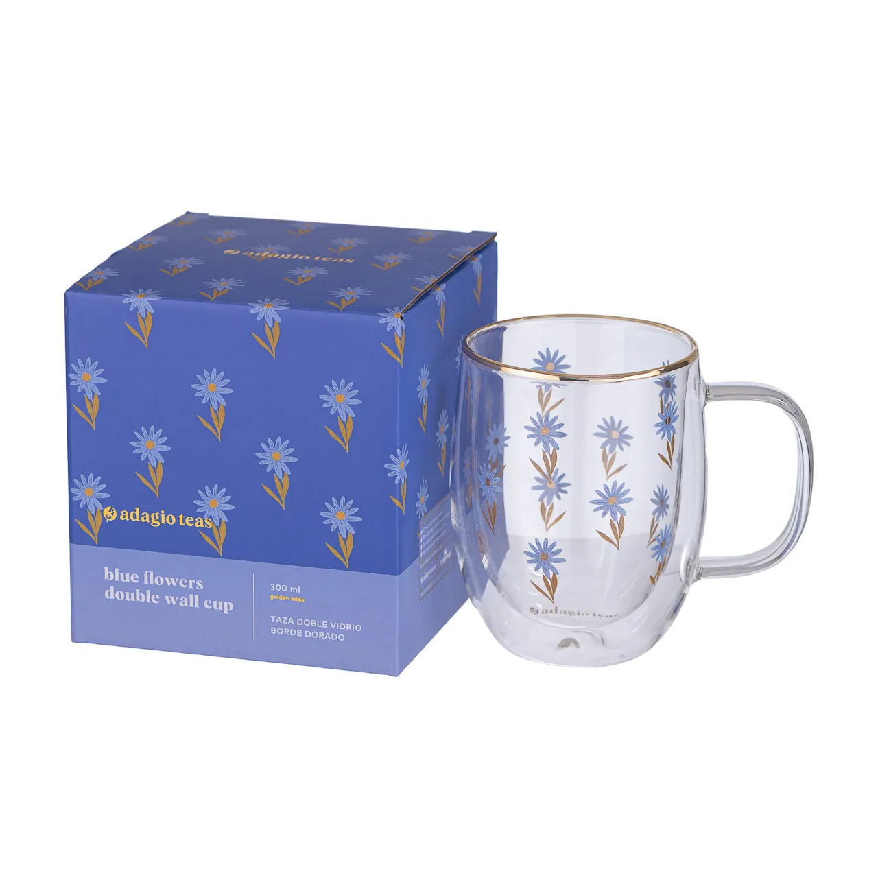 Taza Doble Vidrio Blue Flowers