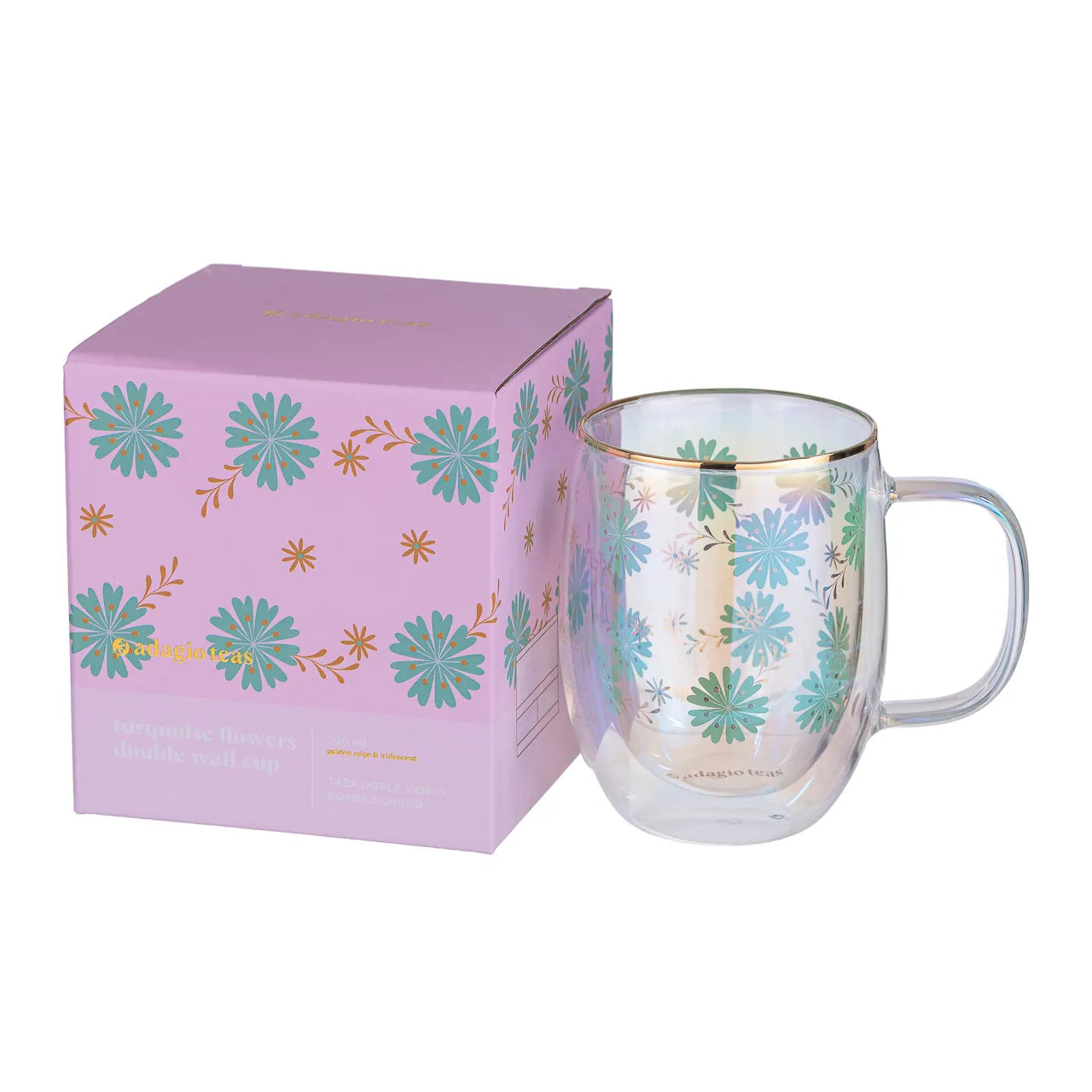 Taza Doble Vidrio Turquoise Flowers