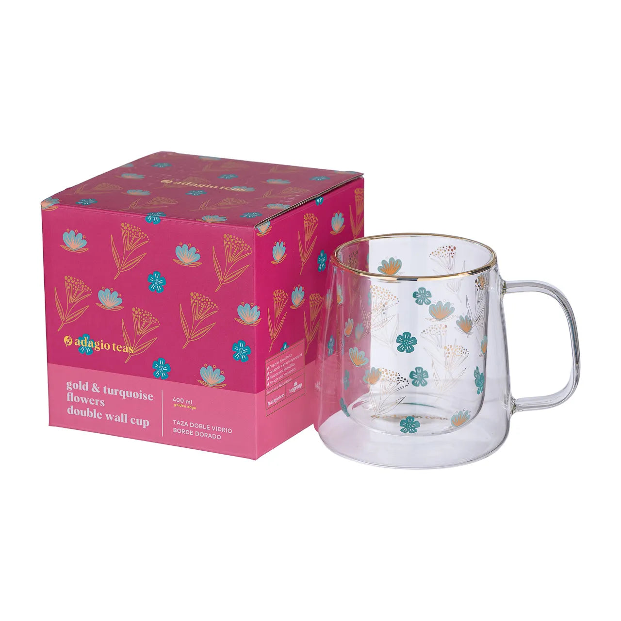 Taza Doble Vidrio Gold and Turquoise Flowers