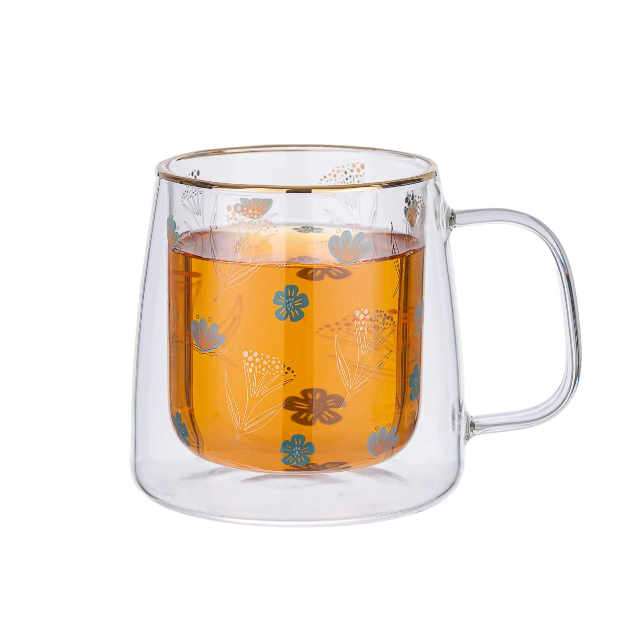 Taza Doble Vidrio Gold and Turquoise Flowers