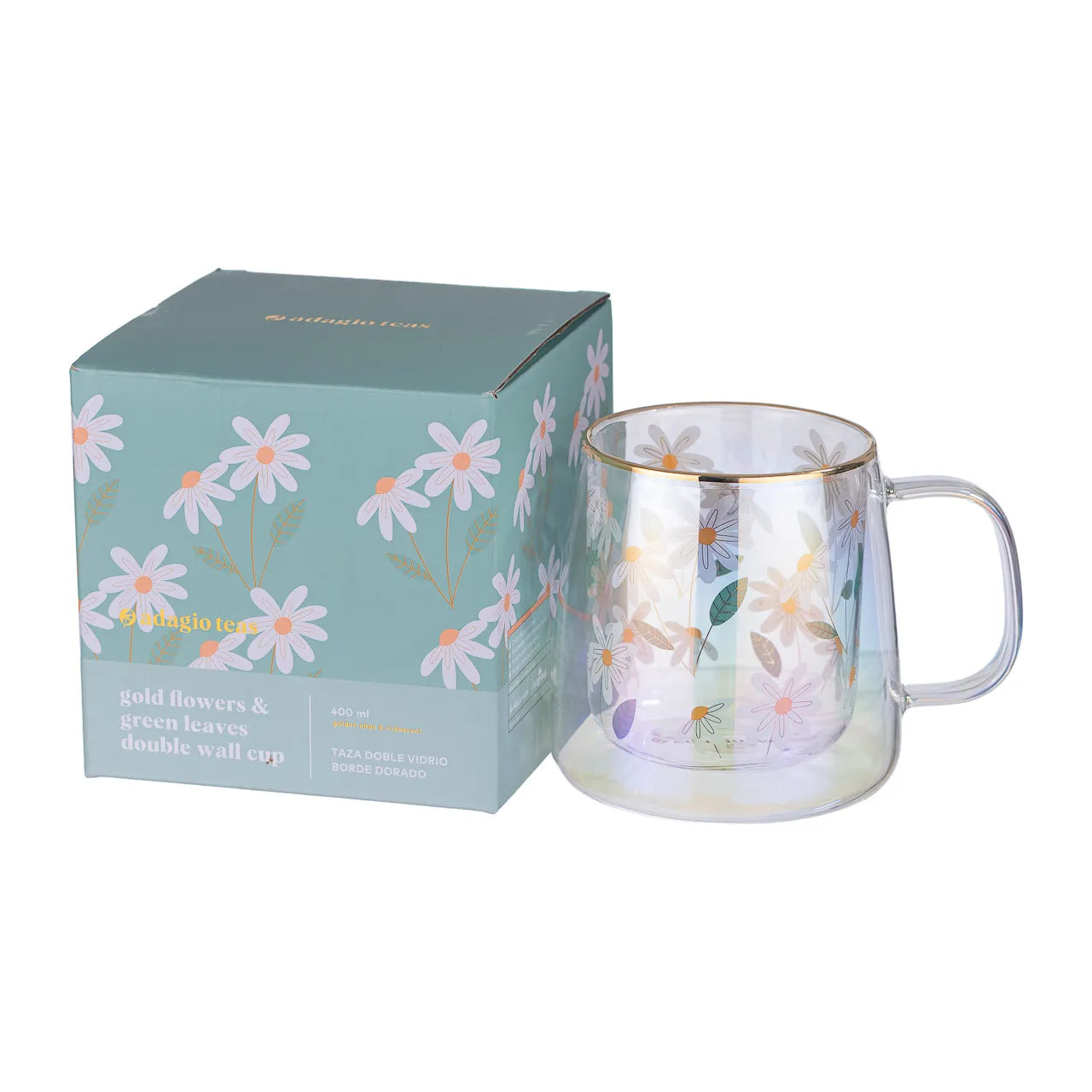 Taza Doble Vidrio Gold Flowers Green Leaves