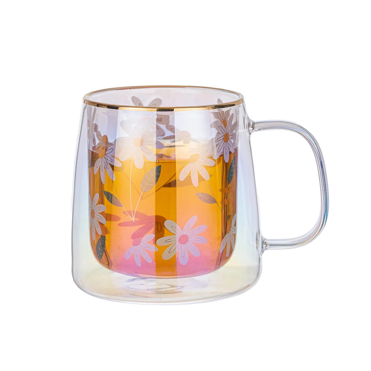 Taza Doble Vidrio Gold Flowers Green Leaves