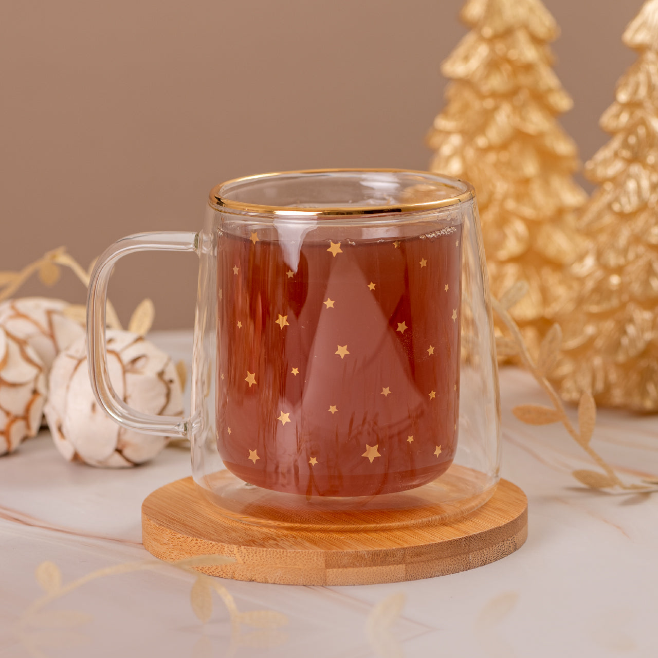 Taza Doble Vidrio Estrellas Doradas Grande