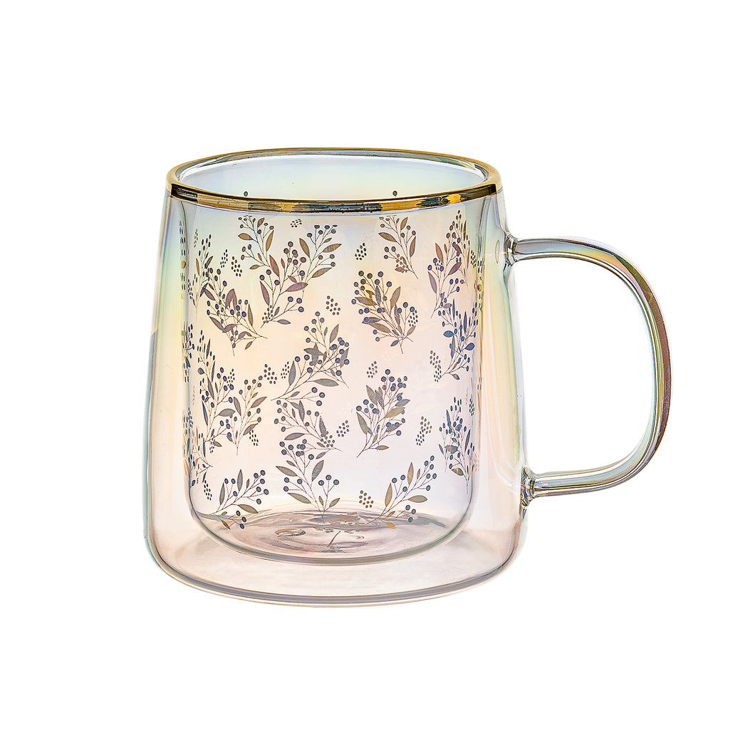 Taza Doble Vidrio Blue Flowers Iridescent 