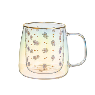 Taza Doble Vidrio White Daisies Iridescent