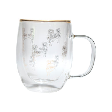 Taza Doble Vidrio Flores Doradas