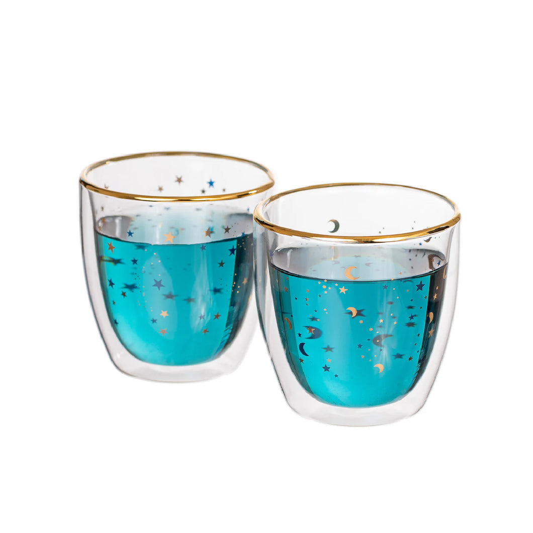 Set Vaso Doble Vidrio Estrellas Azules