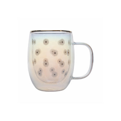 Taza Doble Vidrio Flores Blancas Iridescent