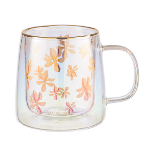 Taza Doble Vidrio Brushed Flowers Iridescent