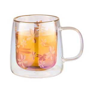 Taza Doble Vidrio Brushed Flowers Iridescent
