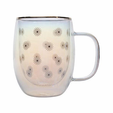 Taza Doble Vidrio Flores Blancas Iridescent