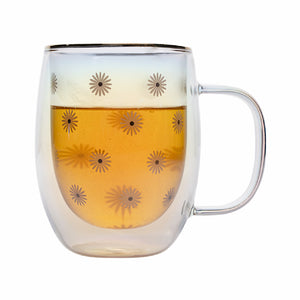 Taza Doble Vidrio Flores Blancas Iridescent