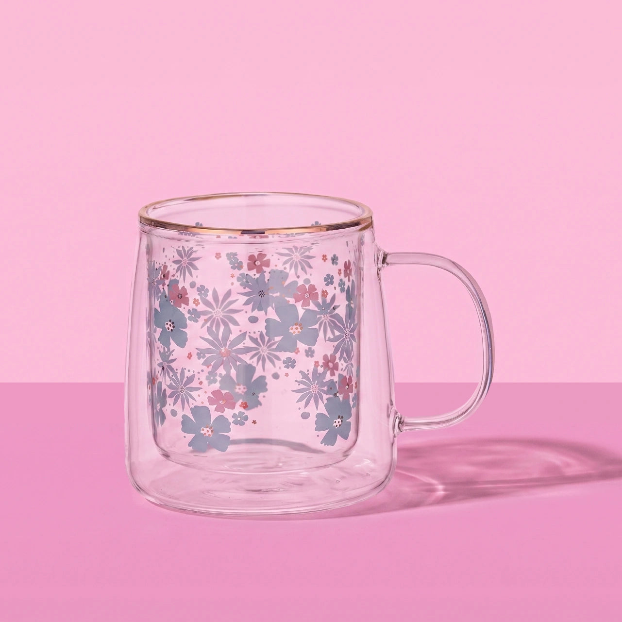 Taza Doble Vidrio Green and Pink Flowers