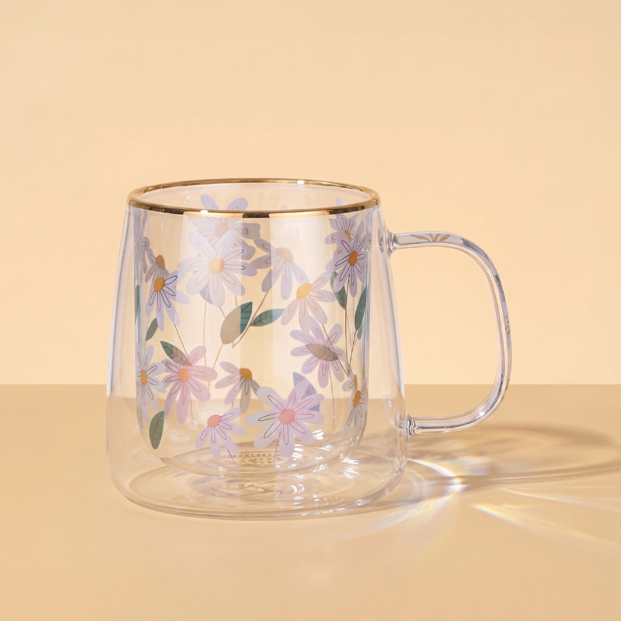 Taza Doble Vidrio Gold Flowers Green Leaves