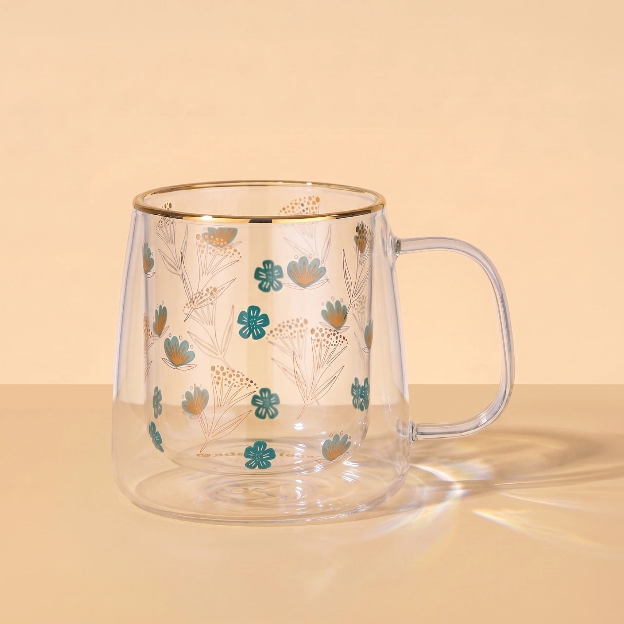 Taza Doble Vidrio Gold and Turquoise Flowers
