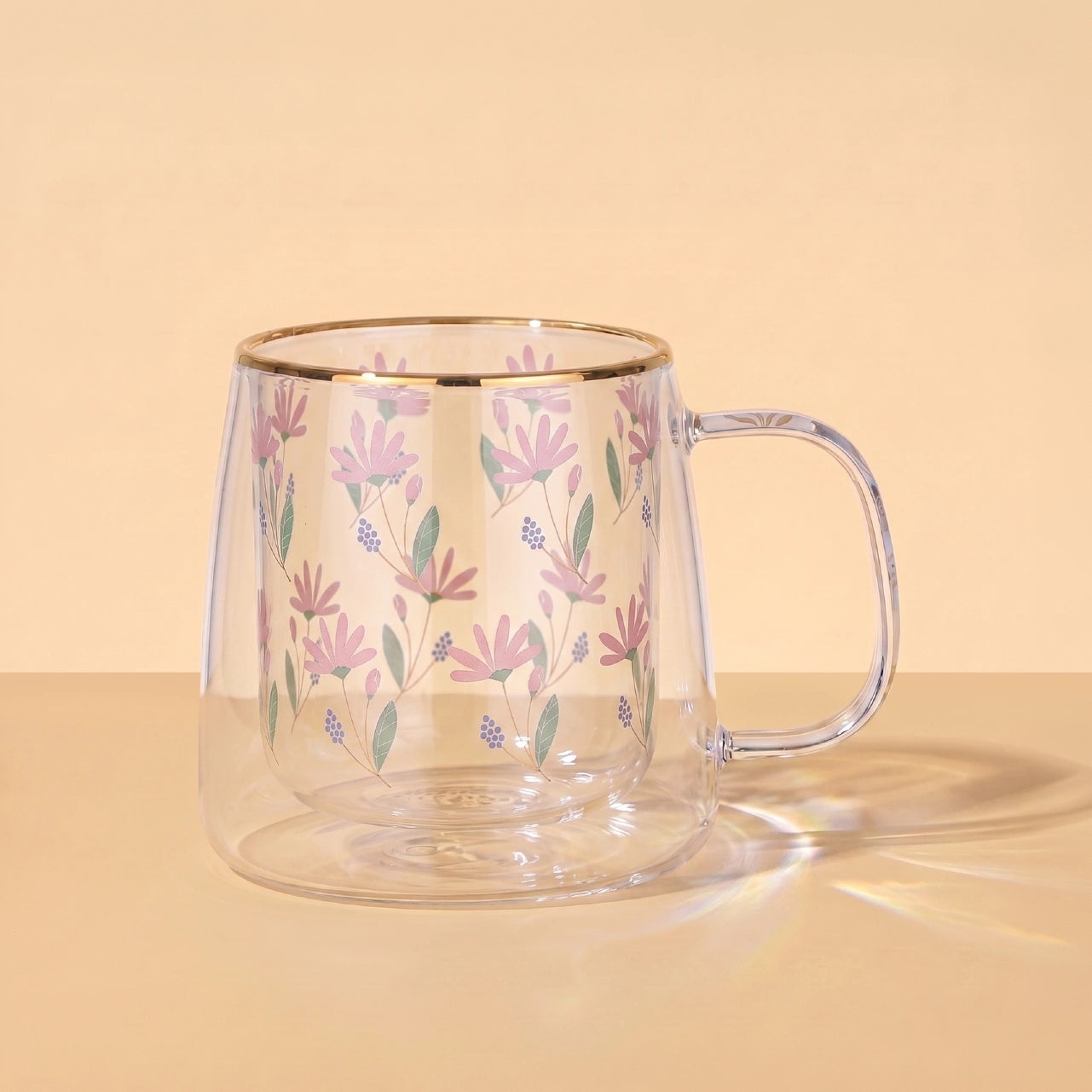Taza Doble Vidrio Pink Flowers