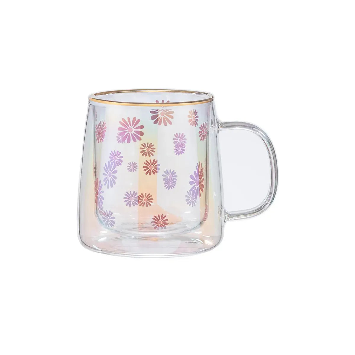 Taza Doble Vidrio Pink Flowers Iridescent