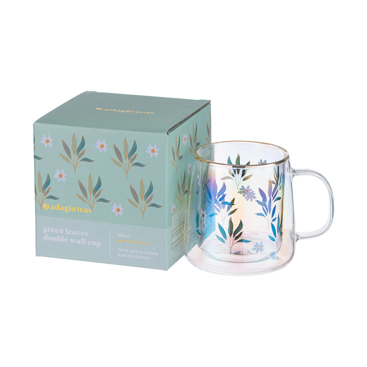 Taza Doble Vidrio Green Leaves and Daisies