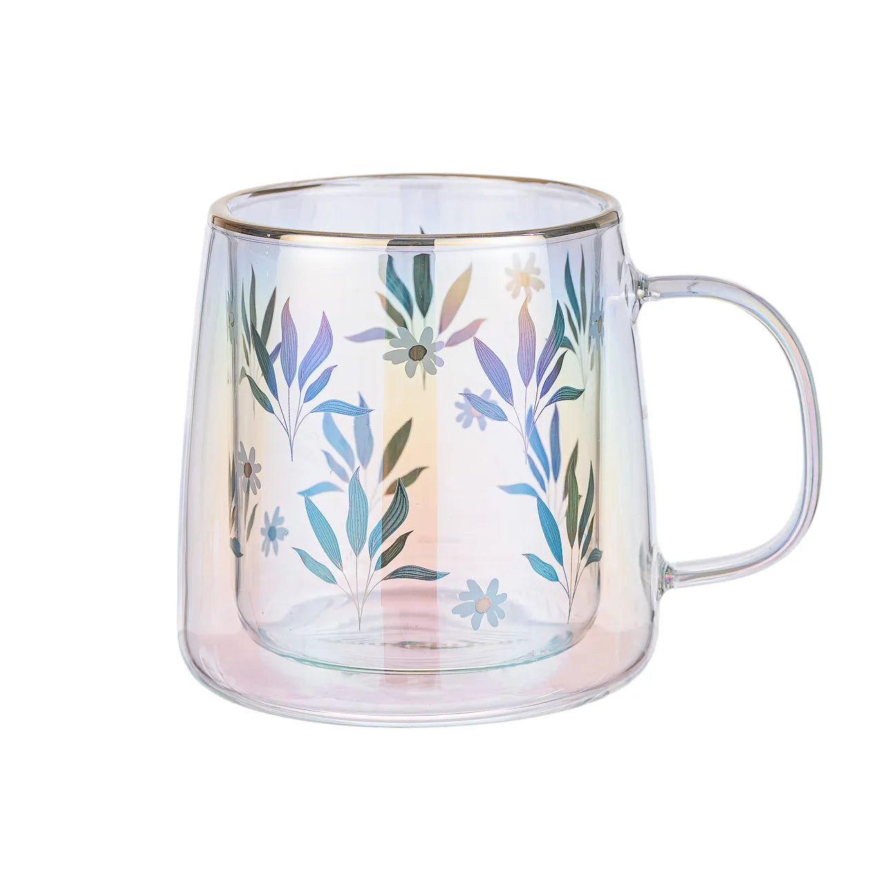 Taza Doble Vidrio Green Leaves and Daisies