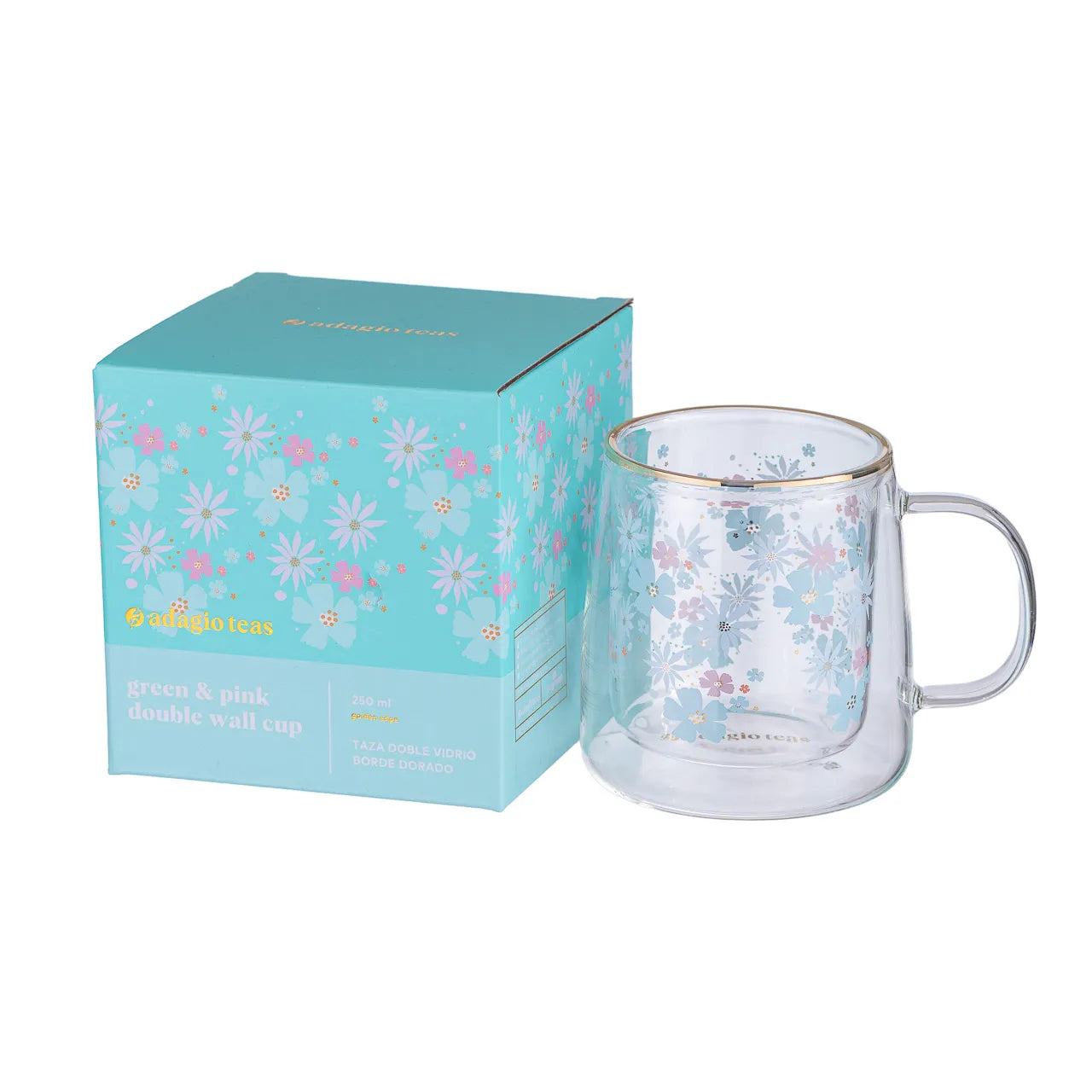 Taza Doble Vidrio Green and Pink Flowers