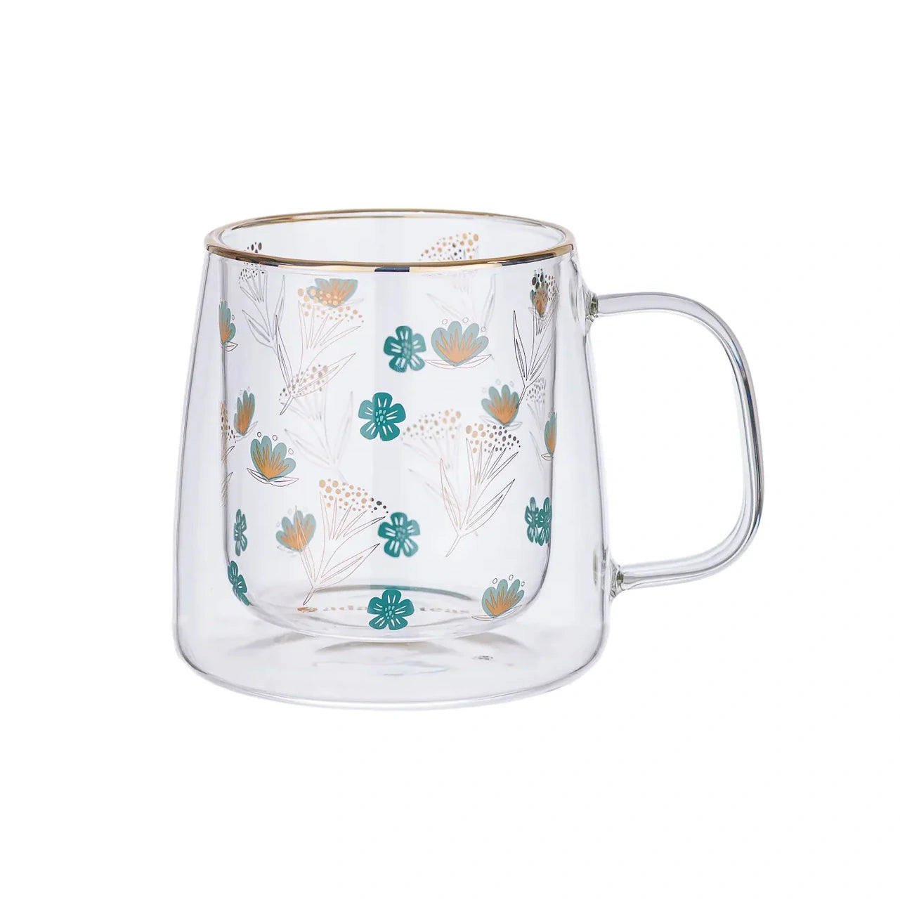 Taza Doble Vidrio Gold and Turquoise Flowers