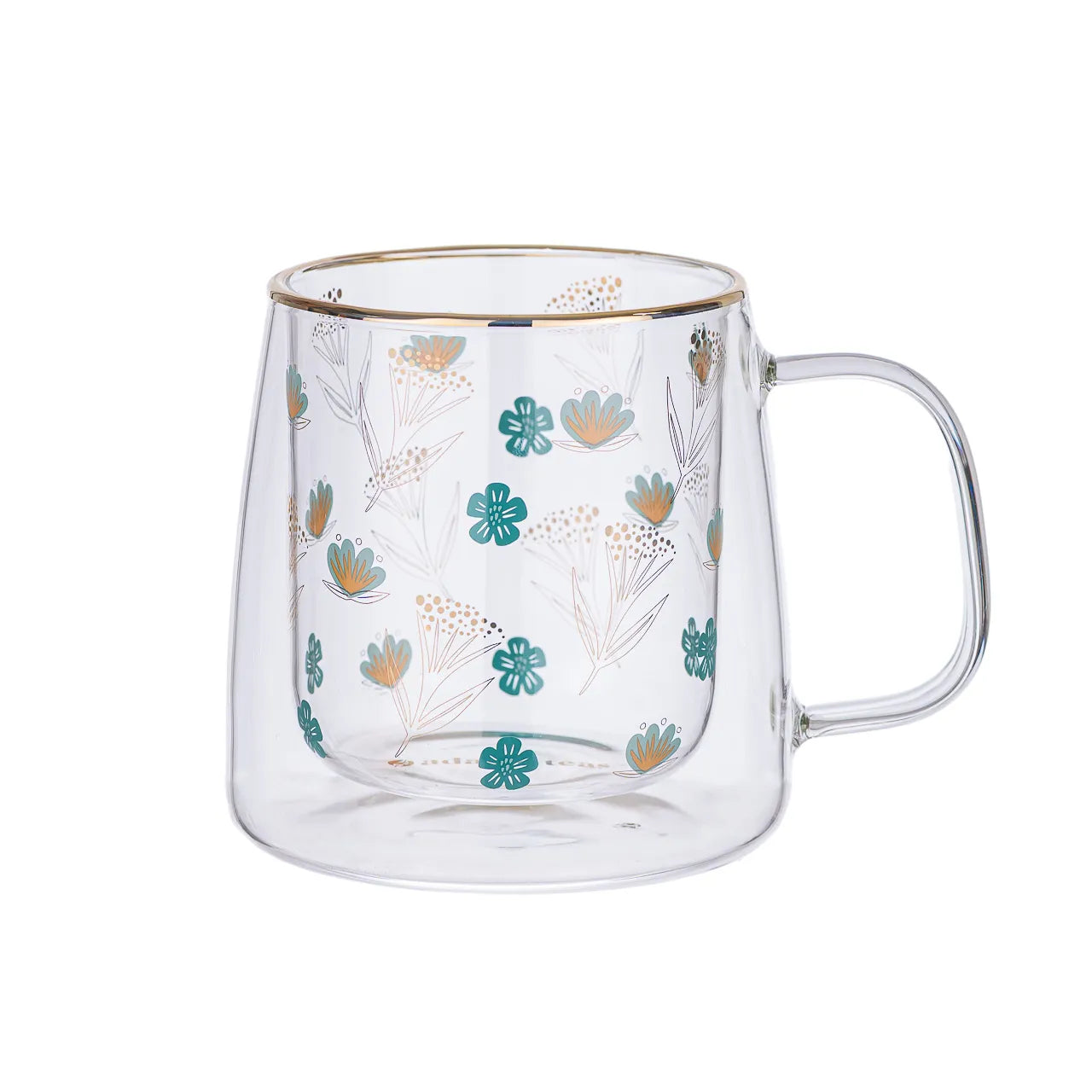 Taza Doble Vidrio Gold and Turquoise Flowers