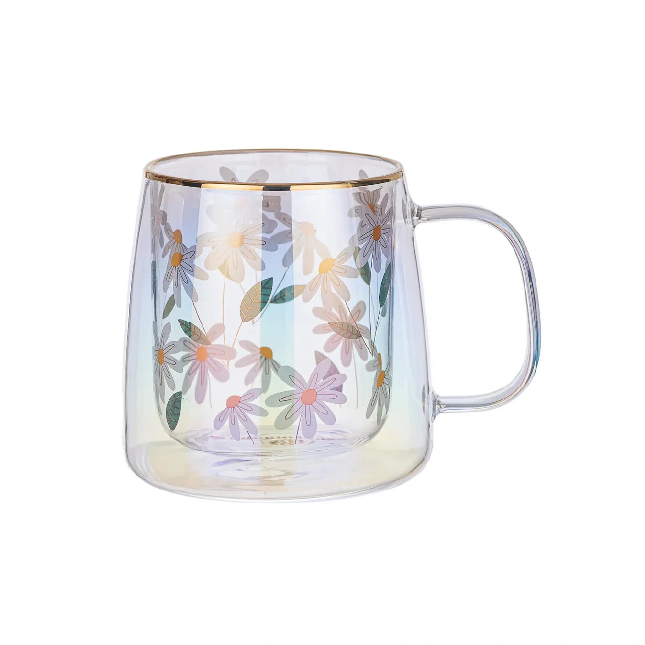 Taza Doble Vidrio Gold Flowers Green Leaves