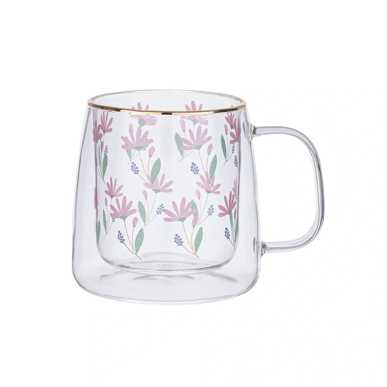 Taza Doble Vidrio Pink Flowers