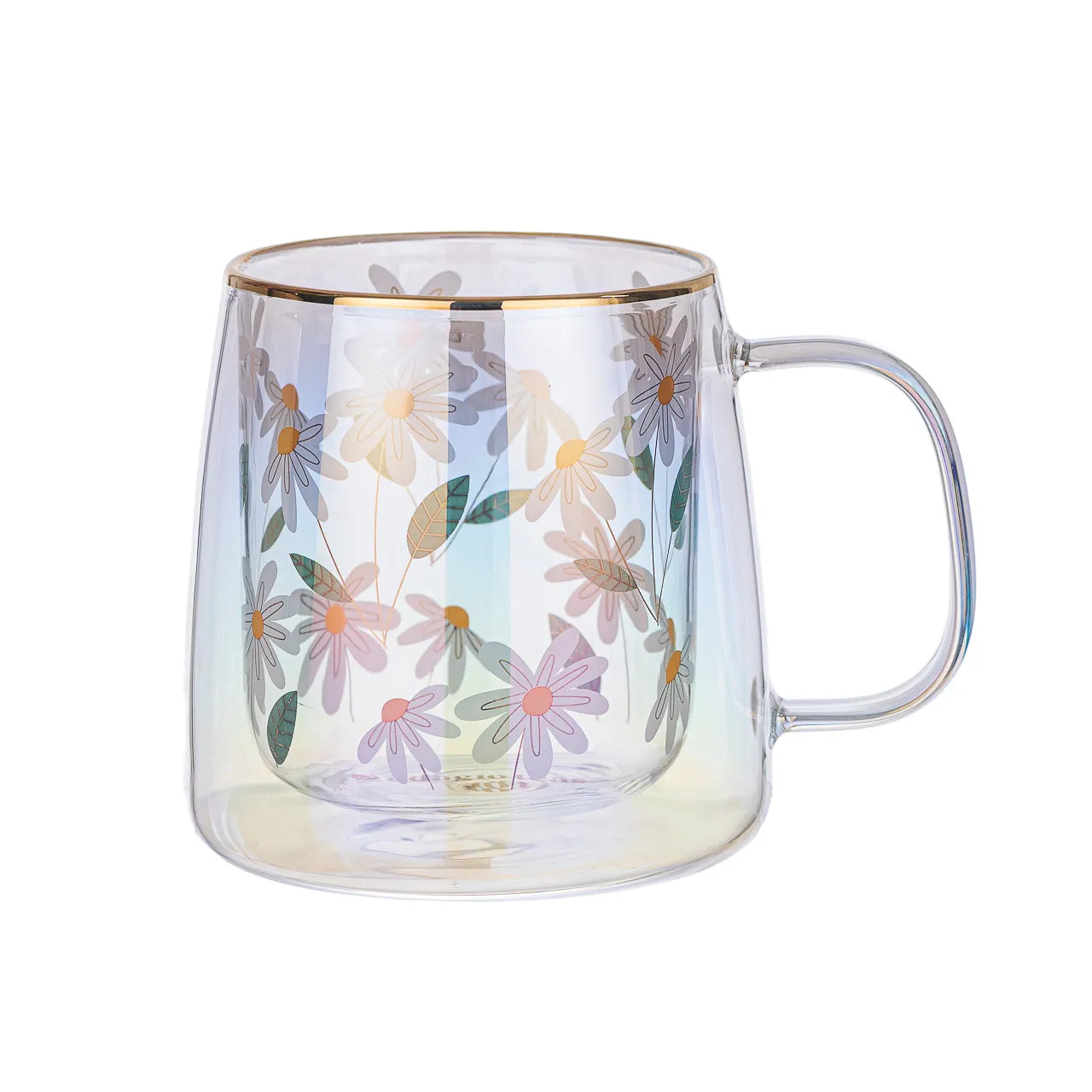 Taza Doble Vidrio Gold Flowers Green Leaves