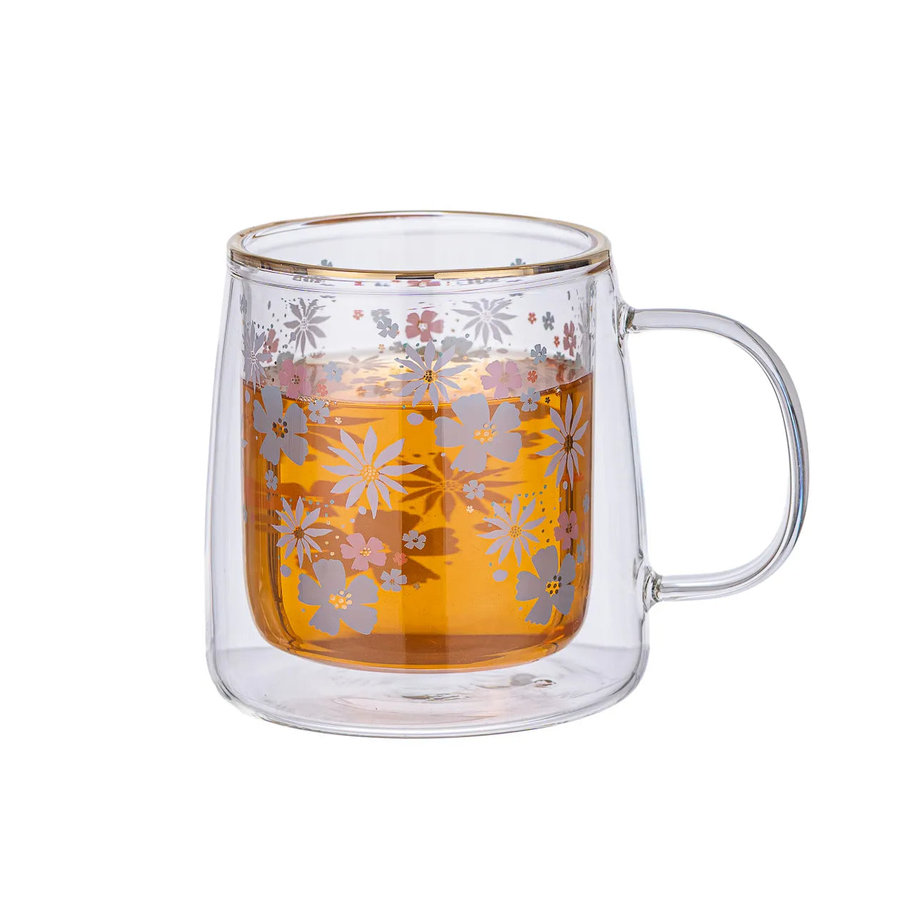 Taza Doble Vidrio Green and Pink Flowers