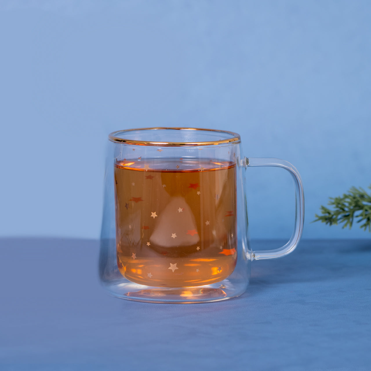 Taza Doble Vidrio Estrellas Doradas