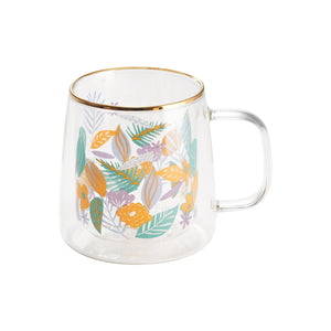 Taza Doble Vidrio Hojas Turquesa